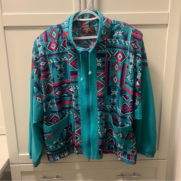 Vintage Jackets & Blazers - Vintage Geometric Windbreaker Spring Jacket Coat with Removable Shoulder Pads XL